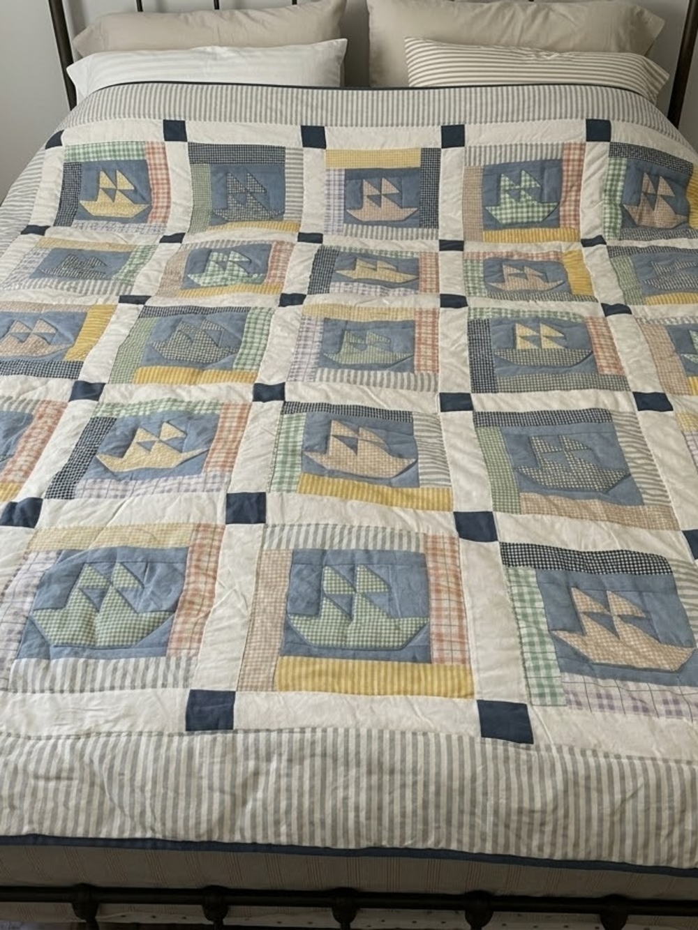 Classic Patchwork Sailboat Quilt - Blue, Cream & Pastel Squares